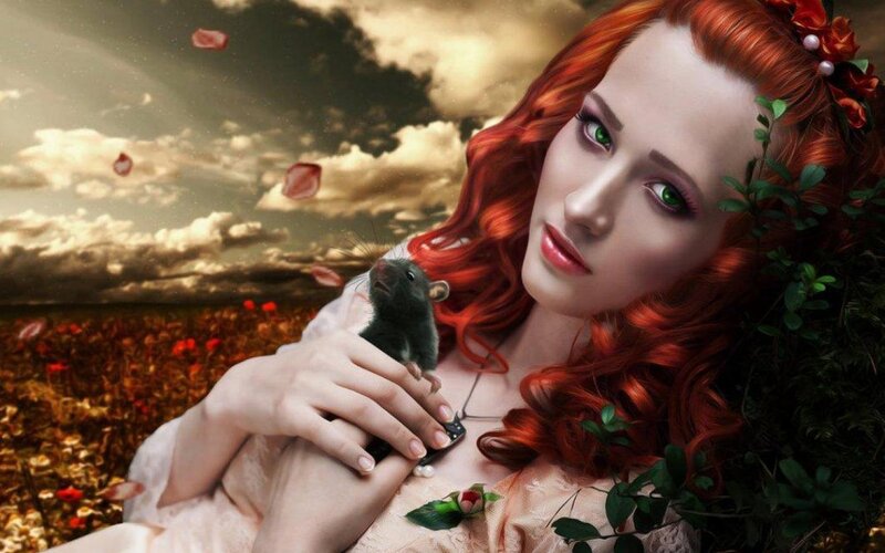 Woman with Red Hair — Dramatic, Afternoon, Digital Art, Rat, Flowers