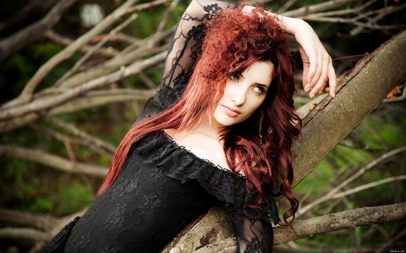Woman with Red Hair — Dramatic, Afternoon, Photograph, Black Lace Dress, Tree Branches