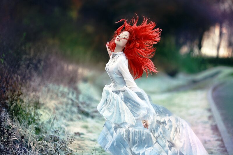 Woman with Red Hair — Dramatic, Afternoon, Photograph, Dress, Road