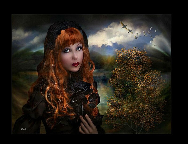 Woman with Red Hair — Dramatic, Autumn, Digital Art, Black Rose