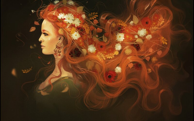 Woman with Red Hair — Dramatic, Autumn, Digital Art, Flowers
