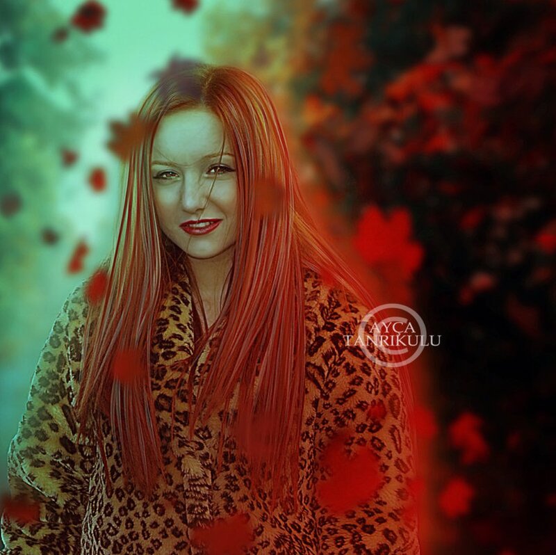 Woman with Red Hair — Dramatic, Autumn, Digital Art, Leopard Print Coat