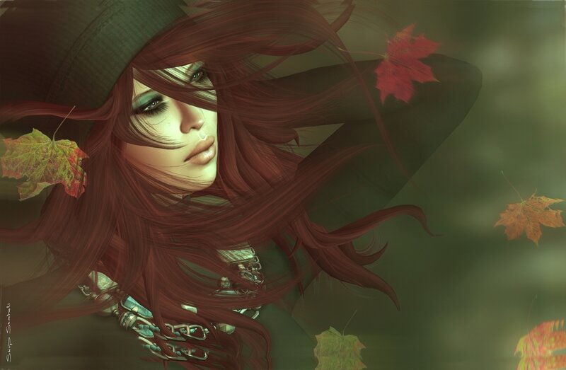 Woman with Red Hair — Dramatic, Autumn, Digital Art, Maple Leaves