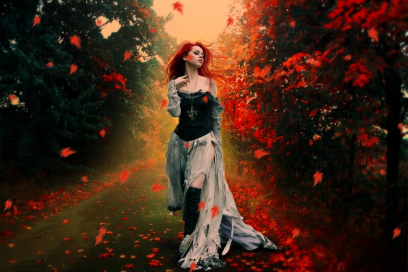 Woman with Red Hair — Dramatic, Autumn, Digital Art, Red Leaves, Forest Path