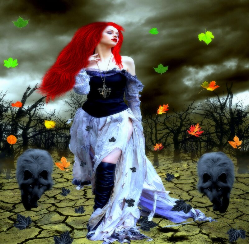 Woman with Red Hair — Dramatic, Autumn, Digital Art, Wolves, Leaves