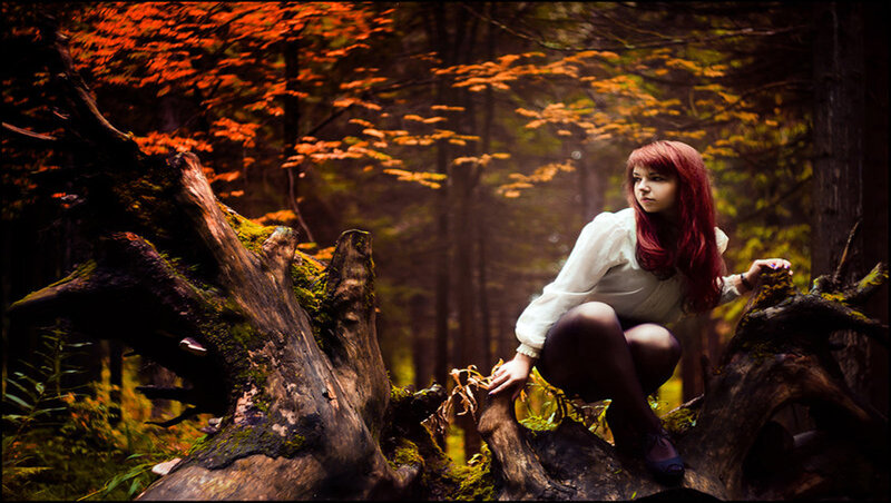 Woman with Red Hair — Dramatic, Autumn, Photograph, Forest, Tree Stump