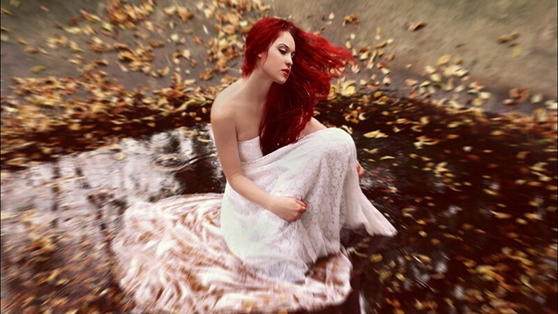 Woman with Red Hair — Dramatic, Autumn, Photograph, White Dress, Fallen Leaves