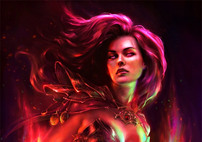 Woman with Red Hair — Dramatic, Digital Art, Armor, Fire