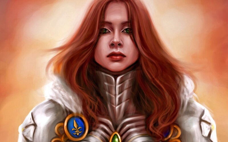 Woman with Red Hair — Dramatic, Digital Art, Armor, Green Eyes