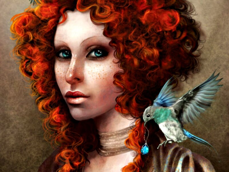 Woman with Red Hair — Dramatic, Digital Art, Bird, Necklace