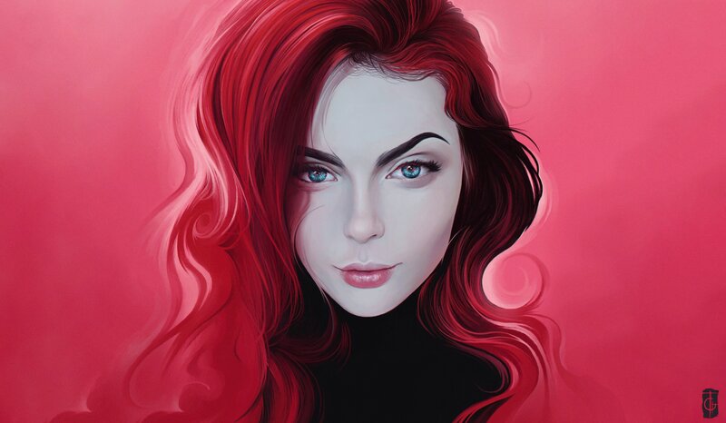 Woman with Red Hair — Dramatic, Digital Art, Blue Eyes, Black Top