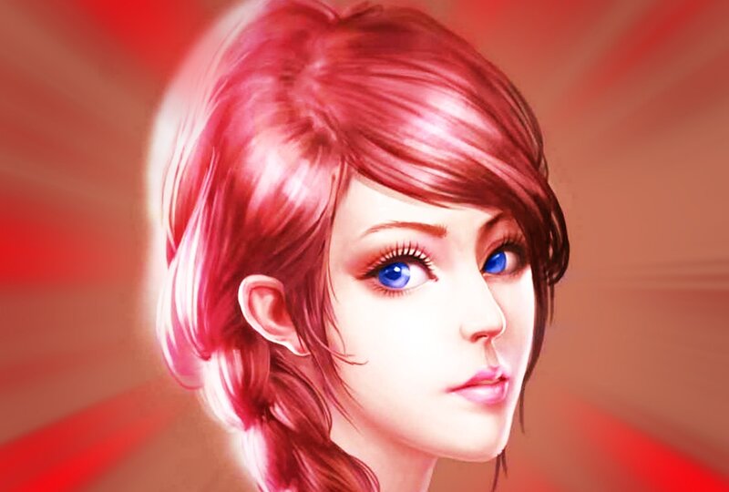 Woman with Red Hair — Dramatic, Digital Art, Blue Eyes, Red Background