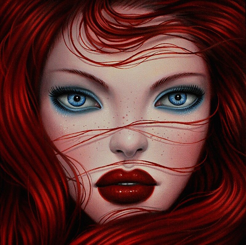Woman with Red Hair — Dramatic, Digital Art, Blue Eyes, Red Lips