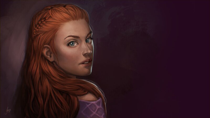 Woman with Red Hair — Dramatic, Digital Art, Braided Hair
