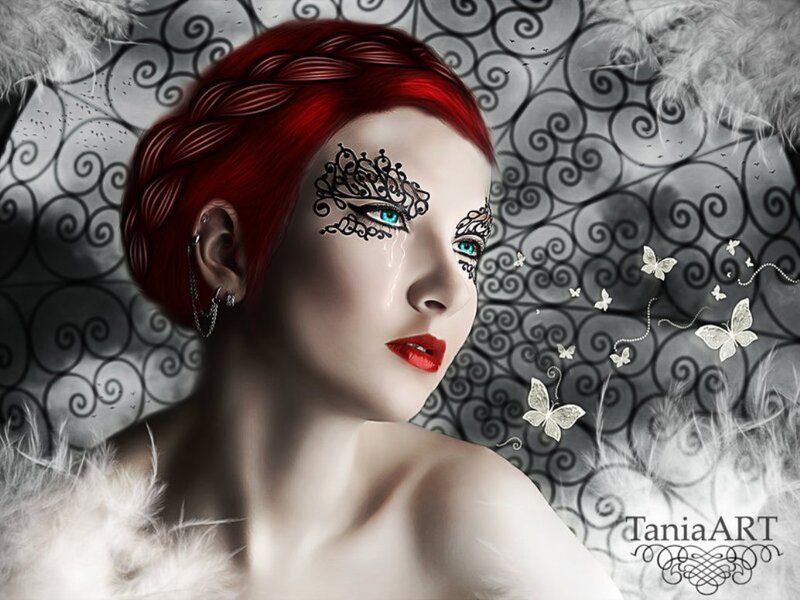 Woman with Red Hair — Dramatic, Digital Art, Butterflies
