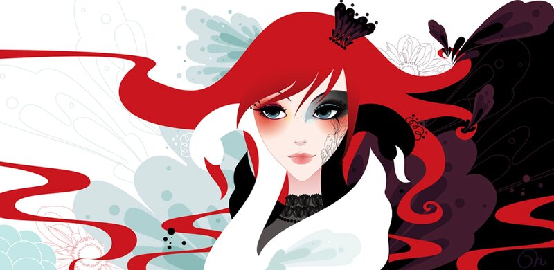 Woman with Red Hair — Dramatic, Digital Art, Butterfly, Flowers