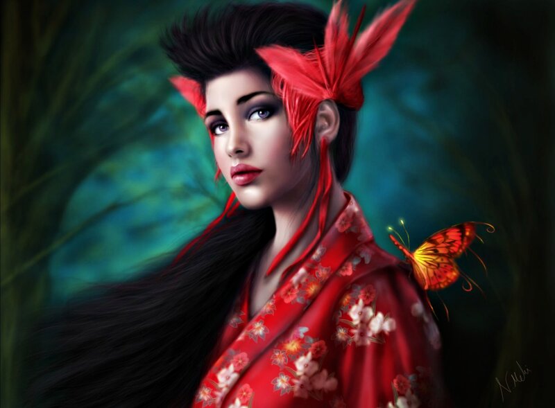 Woman with Red Hair — Dramatic, Digital Art, Butterfly, Kimono