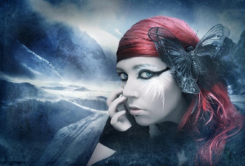 Woman with Red Hair — Dramatic, Digital Art, Butterfly, Mountains