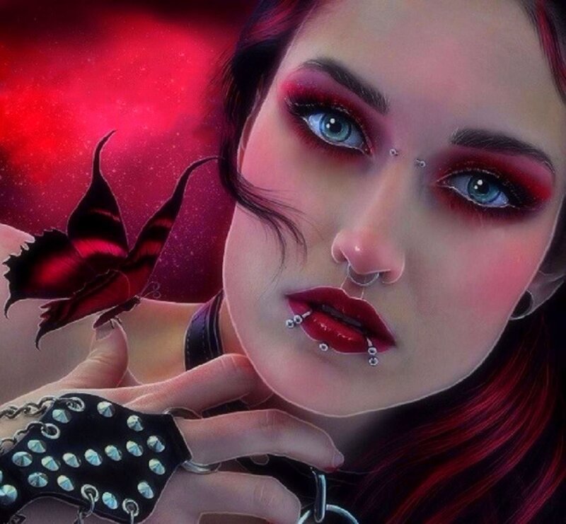 Woman with Red Hair — Dramatic, Digital Art, Butterfly, Piercings