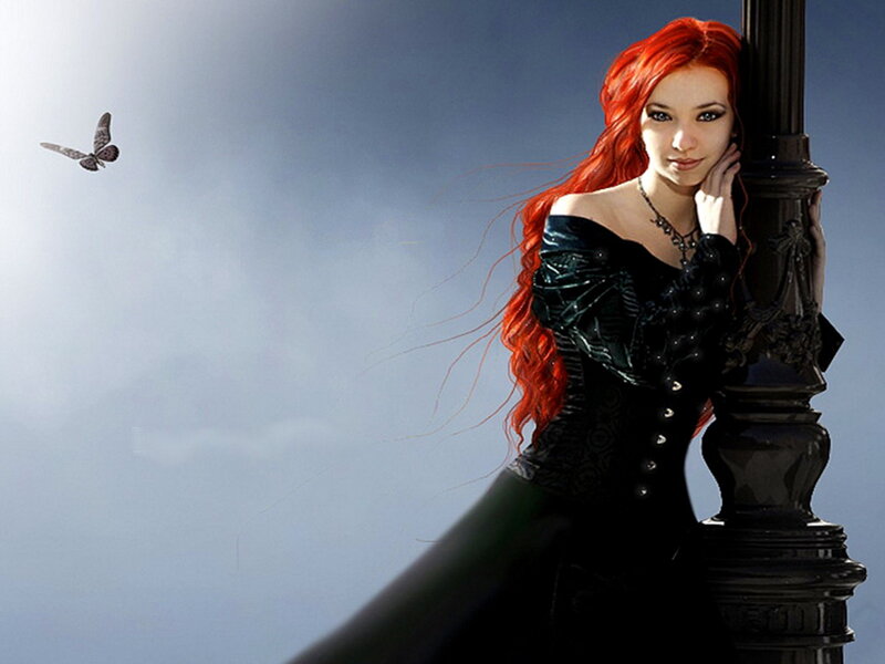 Woman with Red Hair — Dramatic, Digital Art, Butterfly, Pole, Dress