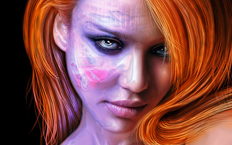 Woman with Red Hair — Dramatic, Digital Art, Car Reflection