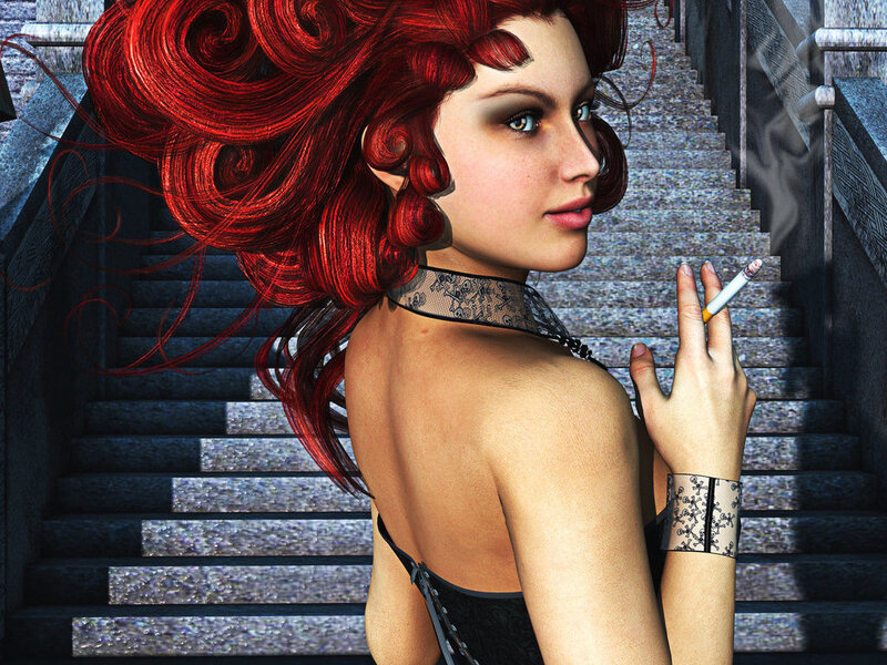 Woman with Red Hair — Dramatic, Digital Art, Cigarette