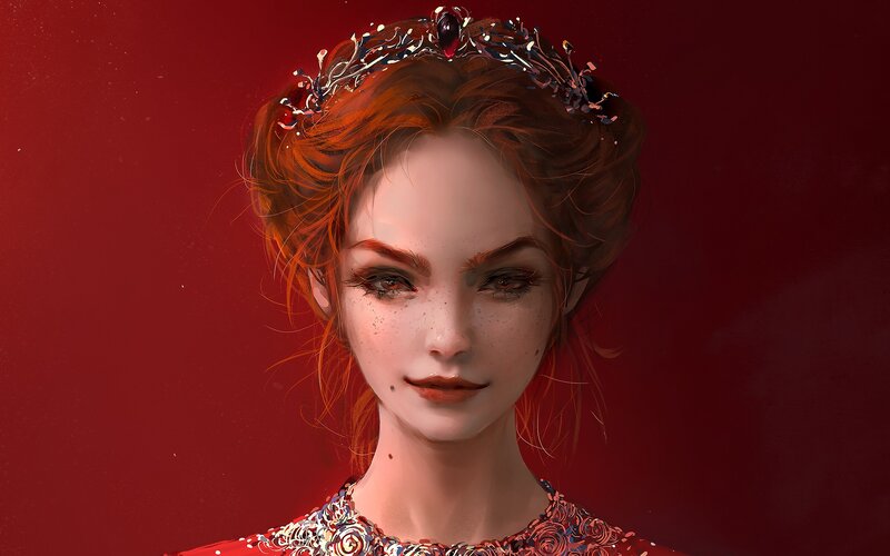Woman with Red Hair — Dramatic, Digital Art, Crown, Dress