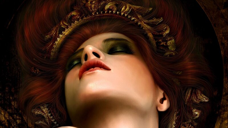 Woman with Red Hair — Dramatic, Digital Art, Crown, Makeup, Gold, Black