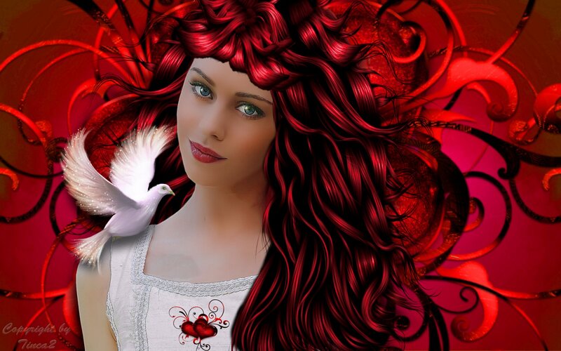 Woman with Red Hair — Dramatic, Digital Art, Dove, Heart