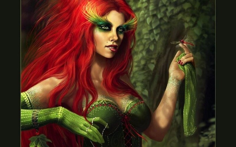 Woman with Red Hair — Dramatic, Digital Art, Dragonfly, Green Gloves