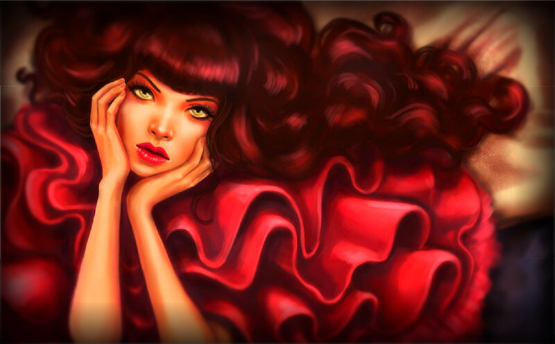 Woman with Red Hair — Dramatic, Digital Art, Dress, Hands