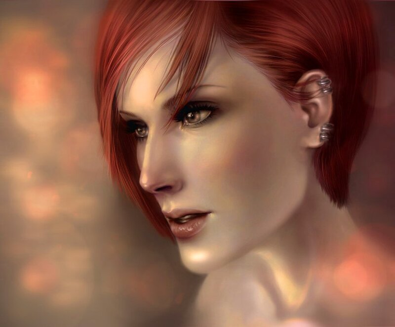 Woman with Red Hair — Dramatic, Digital Art, Ear Piercings