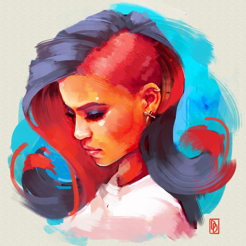 Woman with Red Hair — Dramatic, Digital Art, Earring, White Shirt