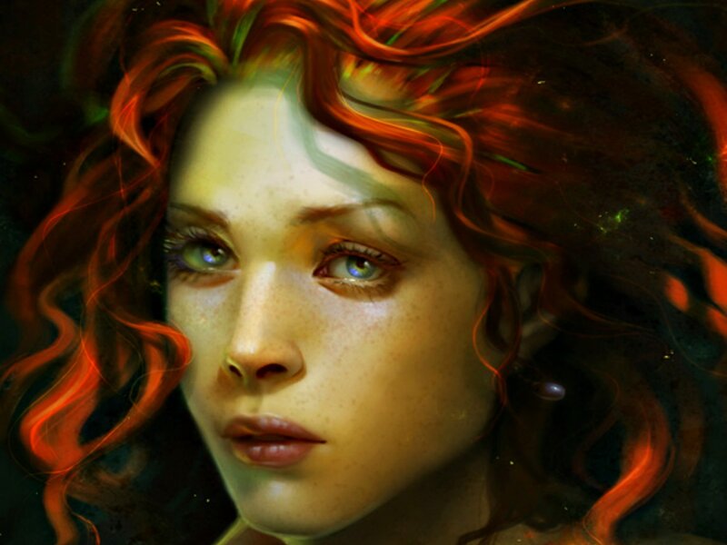 Woman with Red Hair — Dramatic, Digital Art, Eyes, Earring