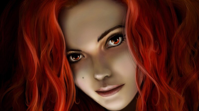 Woman with Red Hair — Dramatic, Digital Art, Eyes, Face, Brown, Beige