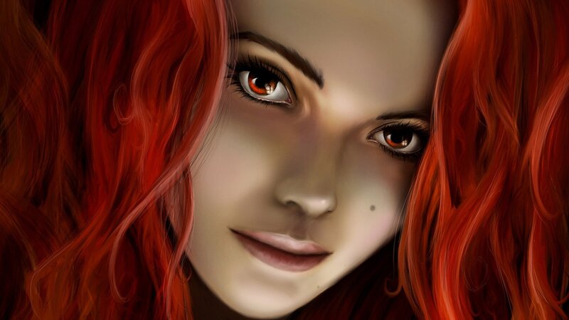 Woman with Red Hair — Dramatic, Digital Art, Eyes, Face, Brown