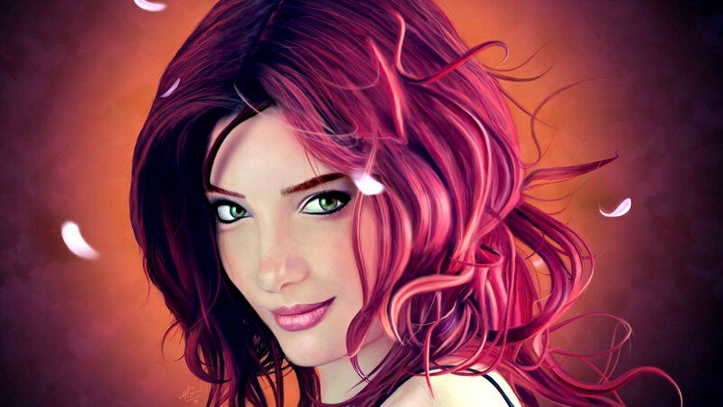 Woman with Red Hair — Dramatic, Digital Art, Eyes, Petals