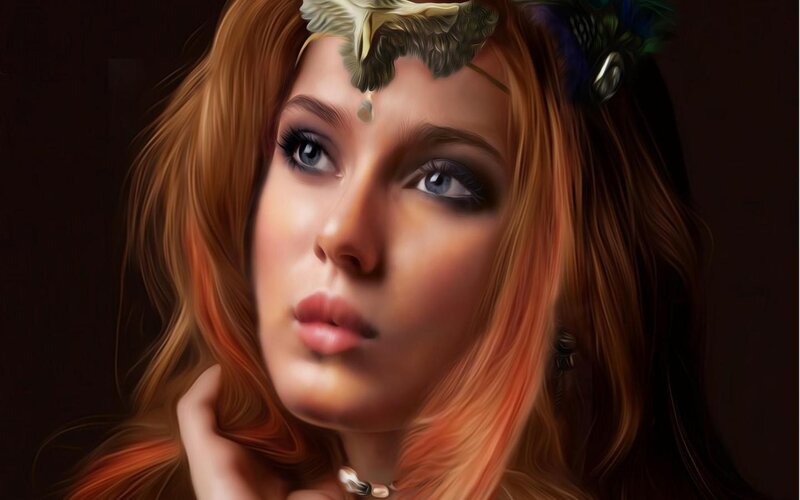 Woman with Red Hair — Dramatic, Digital Art, Feather Crown, Blue Eyes