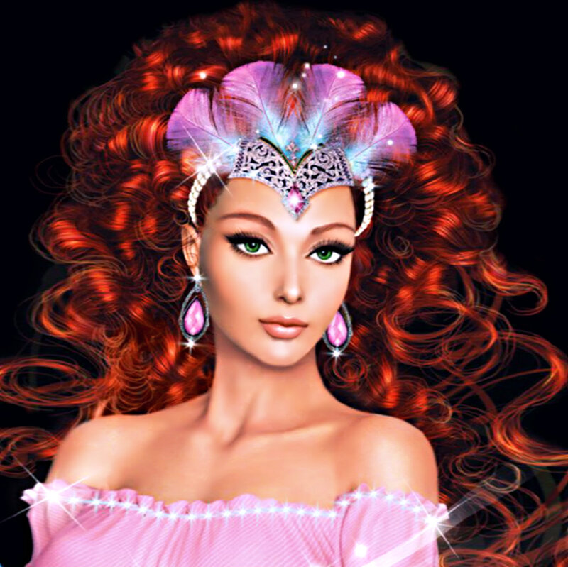 Woman with Red Hair — Dramatic, Digital Art, Feather Crown, Earrings