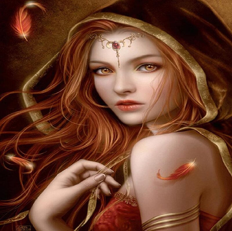 Woman with Red Hair — Dramatic, Digital Art, Feather, Hood