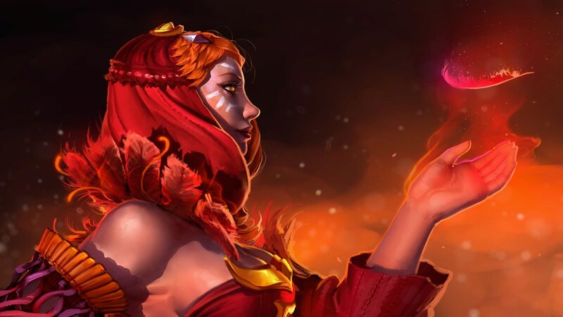 Woman with Red Hair — Dramatic, Digital Art, Feather, Magic