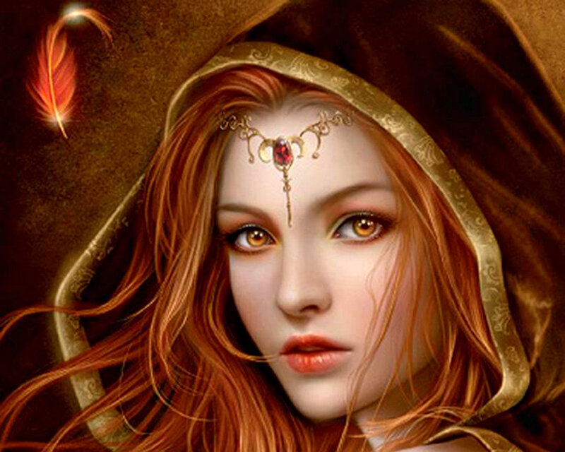 Woman with Red Hair — Dramatic, Digital Art, Feather