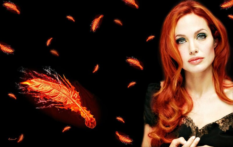 Woman with Red Hair — Dramatic, Digital Art, Feathers, Fire