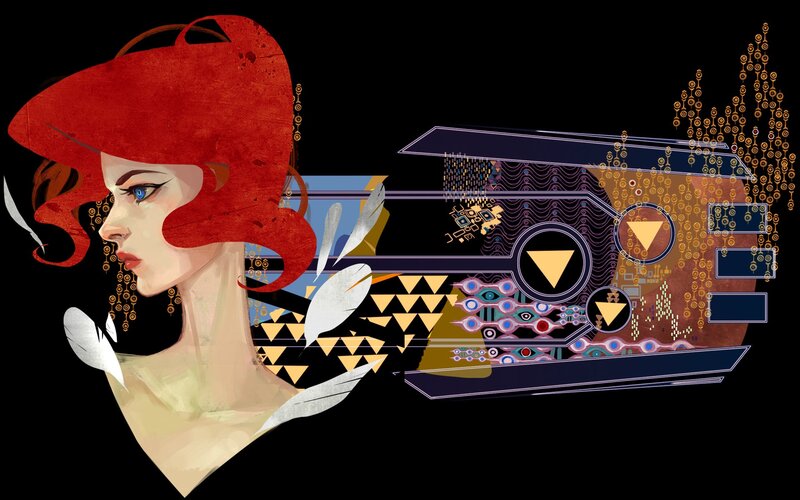 Woman with Red Hair — Dramatic, Digital Art, Feathers, Geometric Patterns