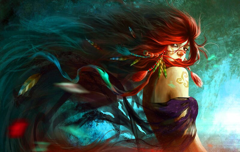 Woman with Red Hair — Dramatic, Digital Art, Feathers, Tattoo, Face Paint