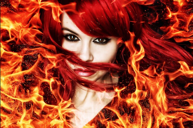 Woman with Red Hair — Dramatic, Digital Art, Fire, Flames, Makeup