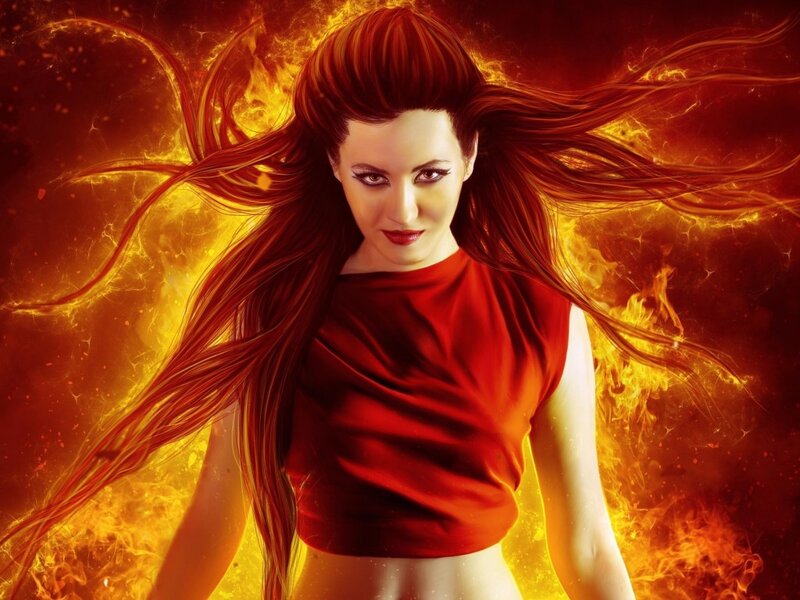 Woman with Red Hair — Dramatic, Digital Art, Fire, Flames