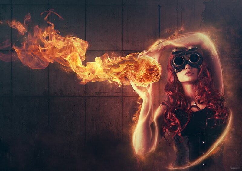 Woman with Red Hair — Dramatic, Digital Art, Fire, Goggles, Corset, Orange
