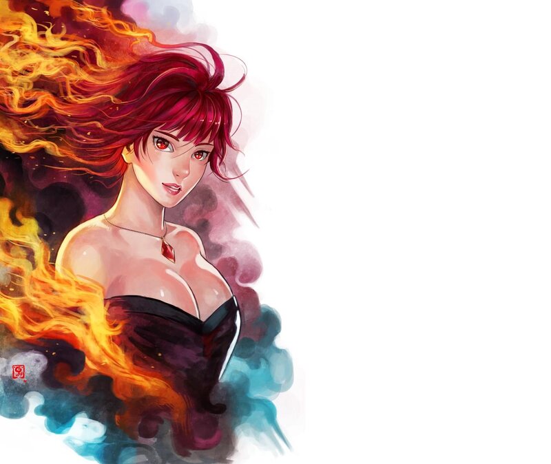Woman with Red Hair — Dramatic, Digital Art, Fire, Necklace
