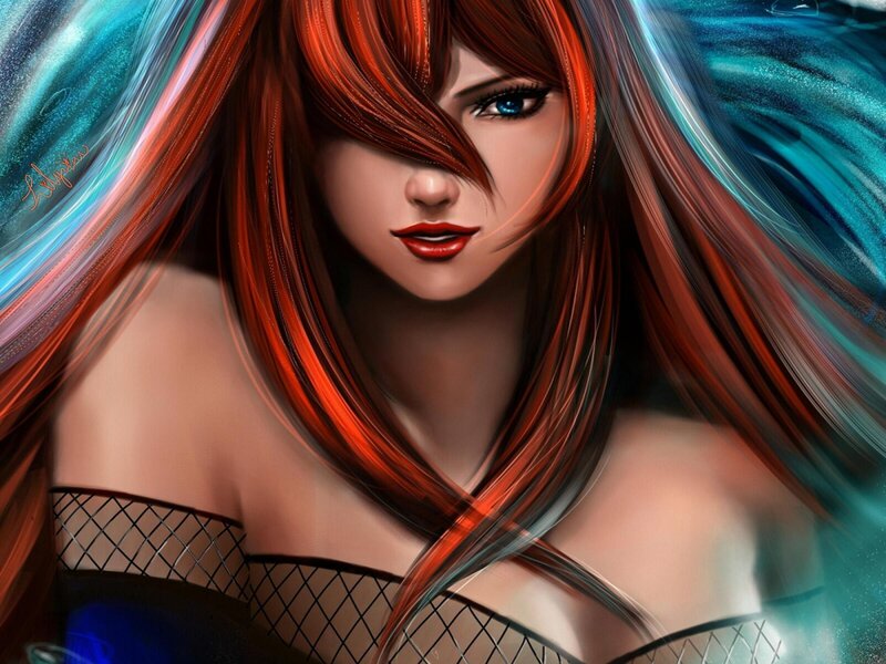 Woman with Red Hair — Dramatic, Digital Art, Fishnet Top